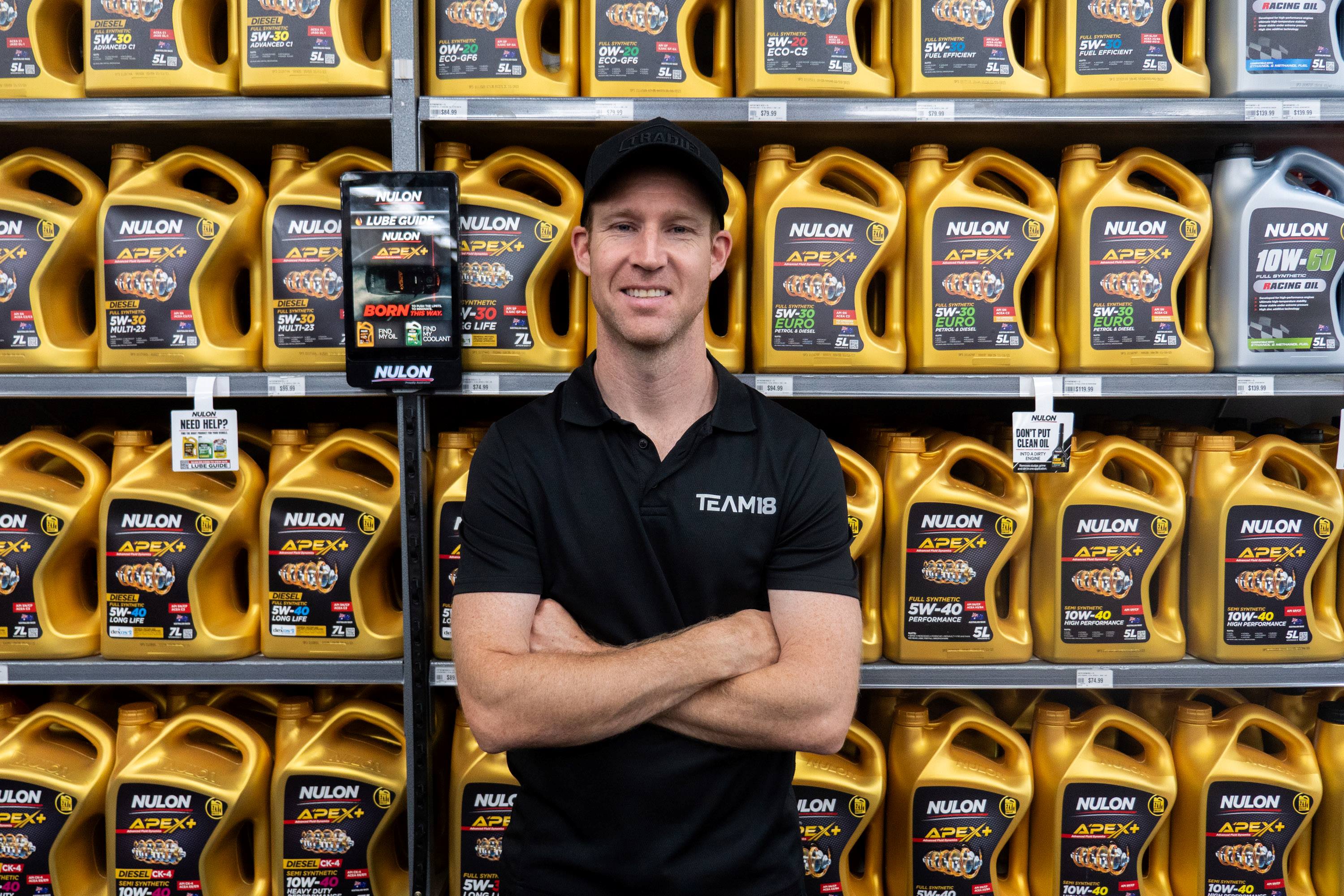 David Reynolds in front of Nulon Engine Oil