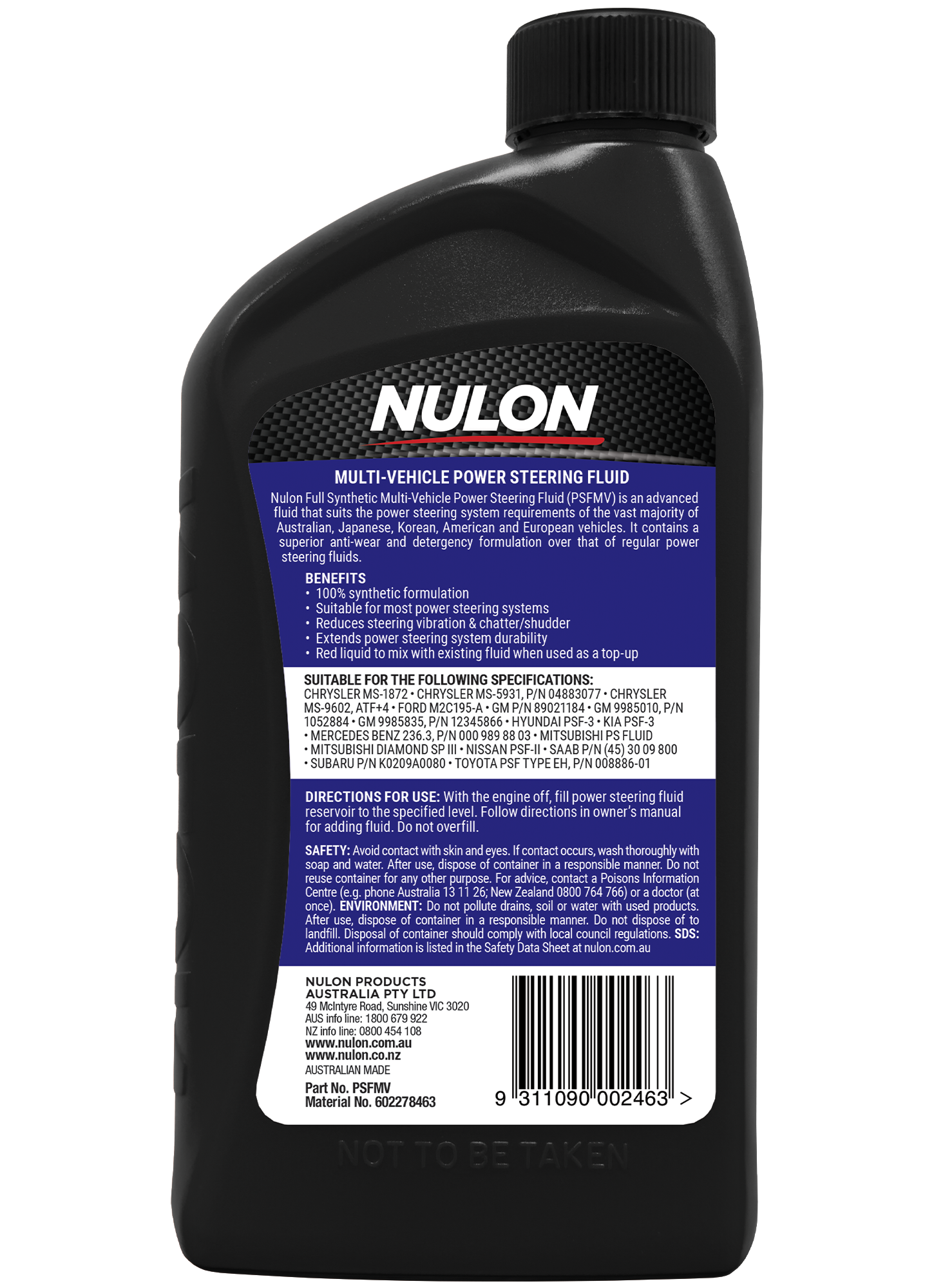 Full Synthetic Multi-Vehicle Power Steering Fluid PSFMV Rear