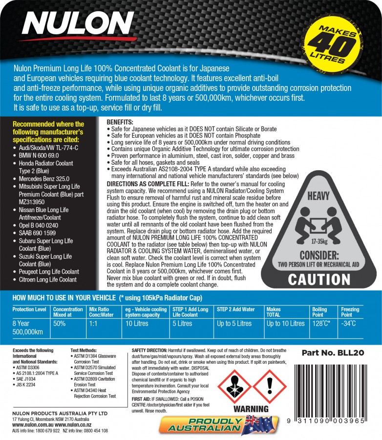 Blue Premium Long Life Coolant 100% Concentrate BLL20 Rear